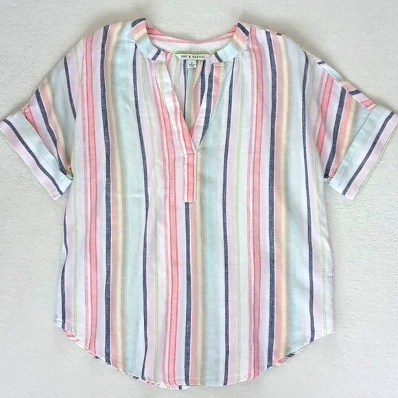 Zac & Rachel Women's Short Sleeve Pink Stripe Linen Rayon Blend V Neck Top S - Picture 8 of 12
